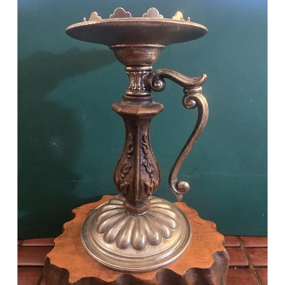Vintage Mid Century Medieval Gothic Style Candle Holder Pewter & Faux Wood - Picture 4 of 5